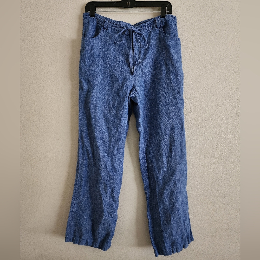 EILEEN FISHER 100% Organic Linen Wide Leg Drawstring Pants Blue Size 12